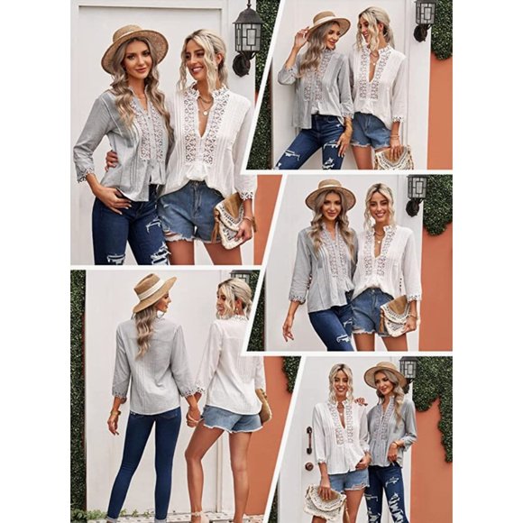 Boho White Crochet Lace Cut Out Button Up V-Neck 3/4 Sleeve Top Blouse - Picture 8 of 9